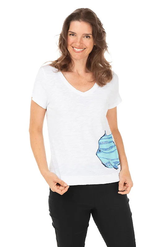 White Striped Fish V-Neck Tee