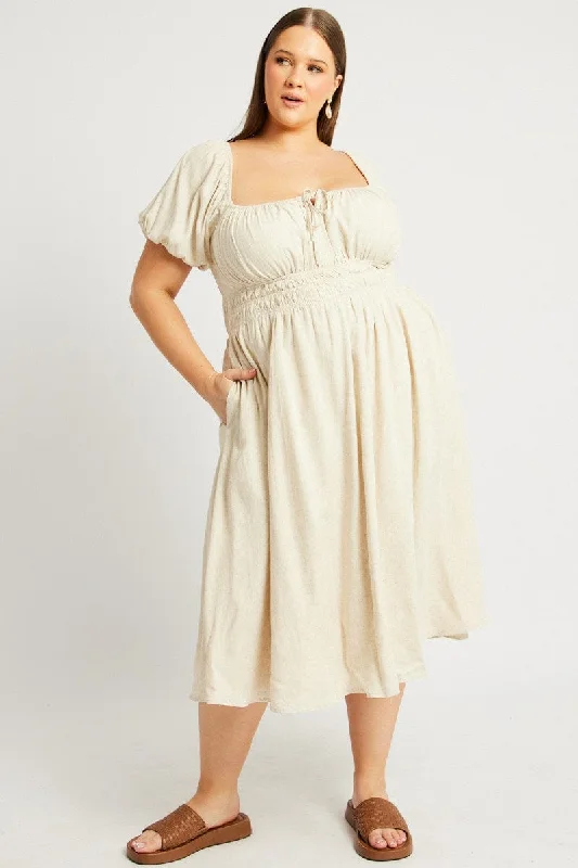 Beige Midi Dress Short Sleeve Ruched