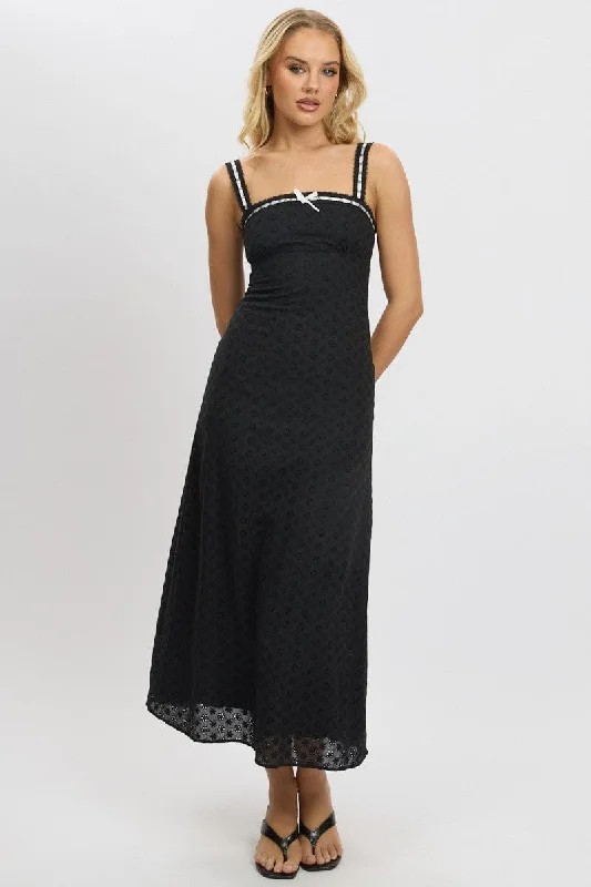 Black Midi Dress Lace Trim Sleeveless Eyelet Fabric