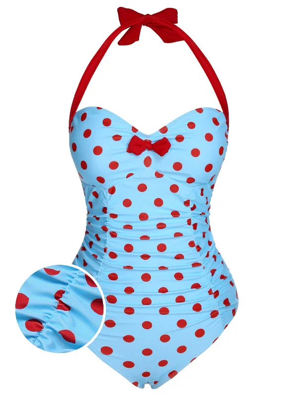 1940s Halter Contrast Polka Dots One-Piece Swimsuit